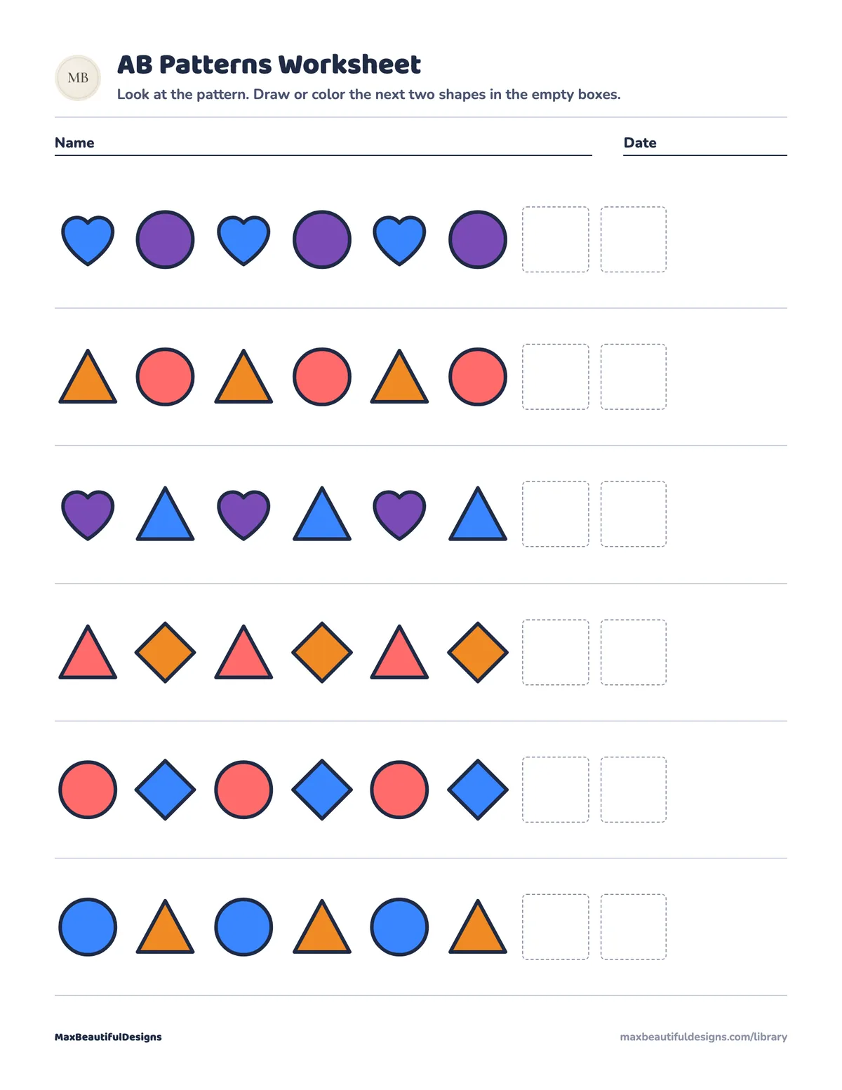 Preview of page 1 of AB Patterns Worksheet Printable for Preschool