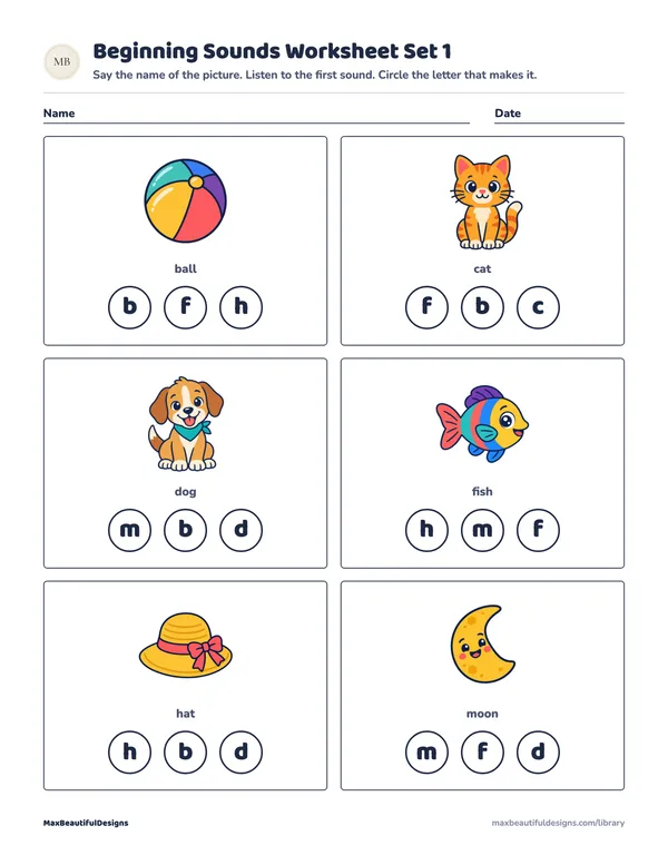 Beginning Sounds Worksheet Printable Set 1, page 1 preview