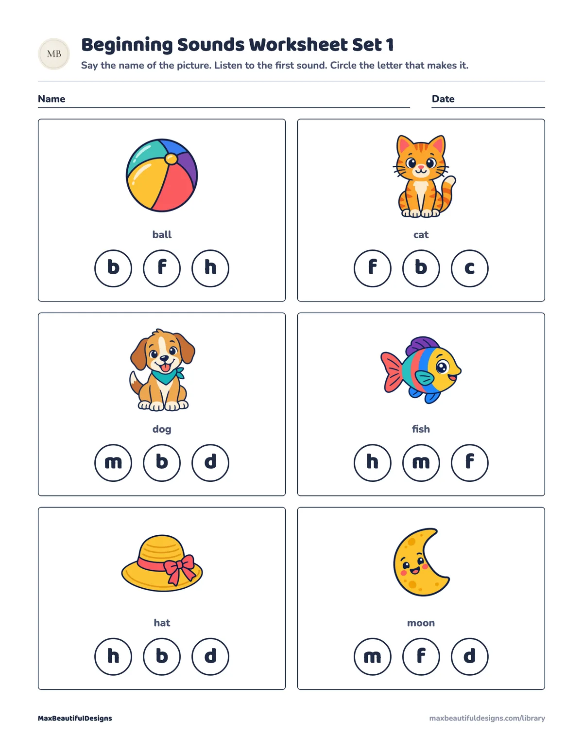 Preview of page 1 of Beginning Sounds Worksheet Printable Set 1