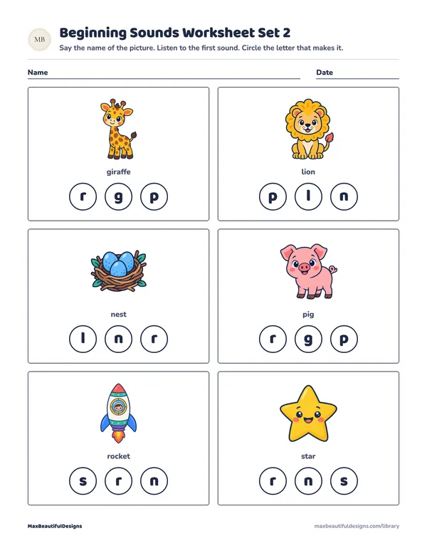 Beginning Sounds Worksheet Printable Set 2, page 1 preview