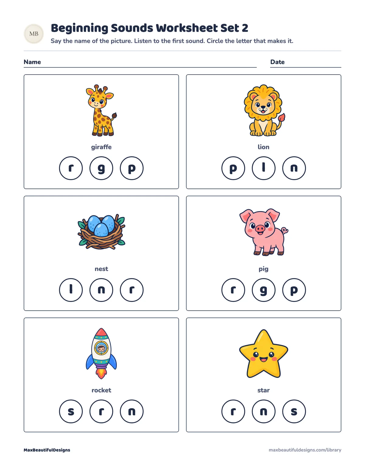 Preview of page 1 of Beginning Sounds Worksheet Printable Set 2