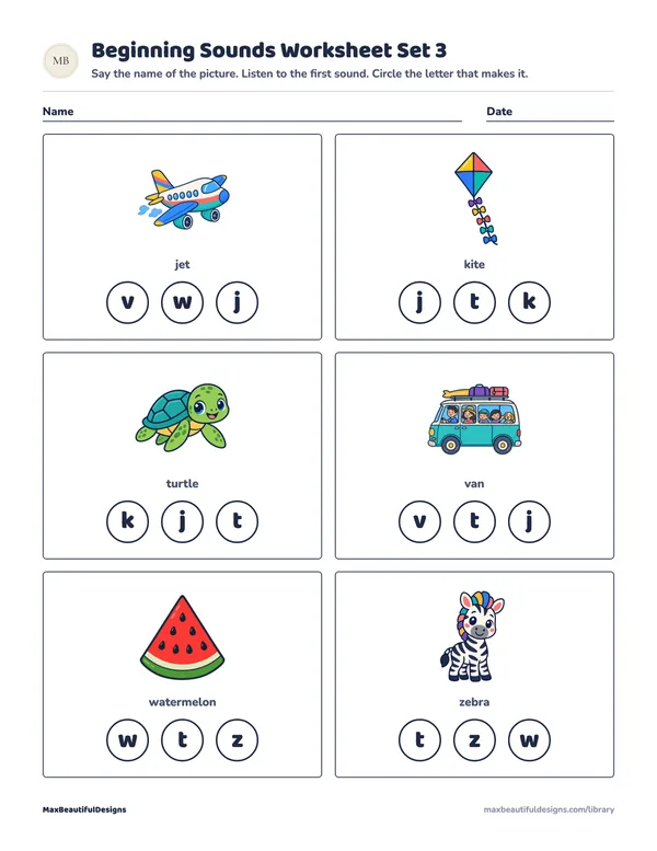 Beginning Sounds Worksheet Printable Set 3, page 1 preview