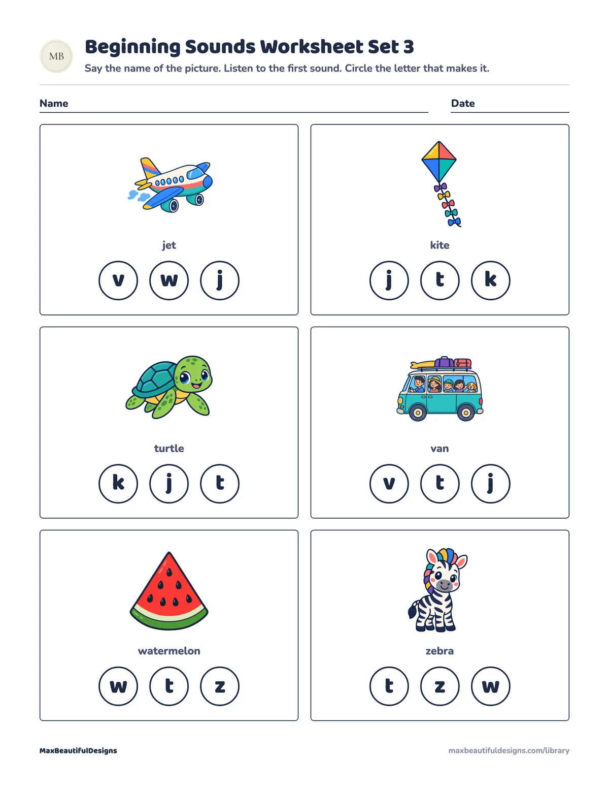 Preview of page 1 of Beginning Sounds Worksheet Printable Set 3