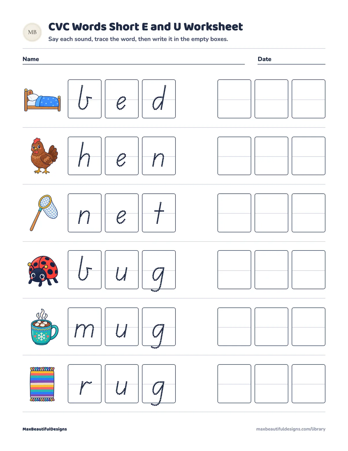 Preview of page 1 of CVC Words Short E and U Worksheet Printable