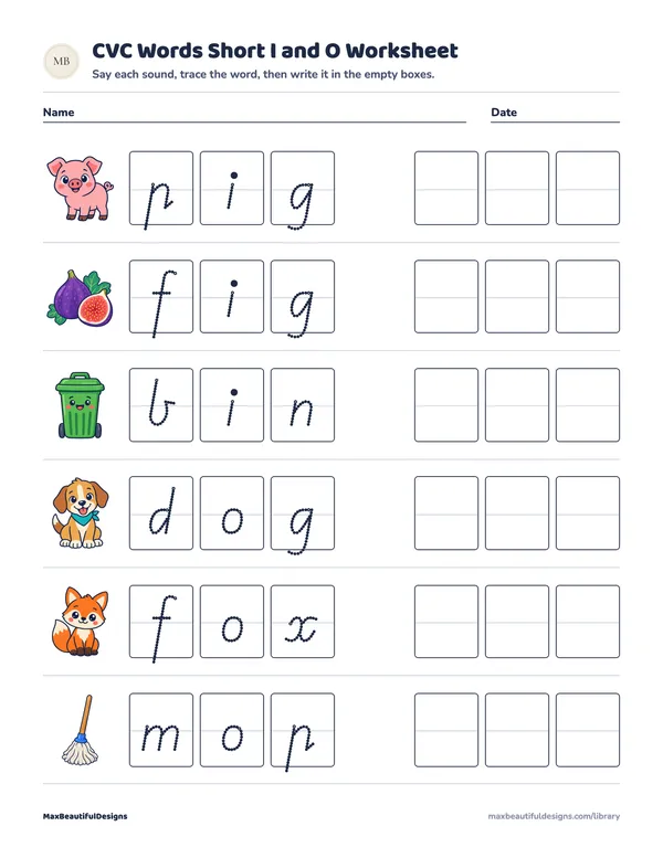 CVC Words Short I and O Worksheet Printable, page 1 preview