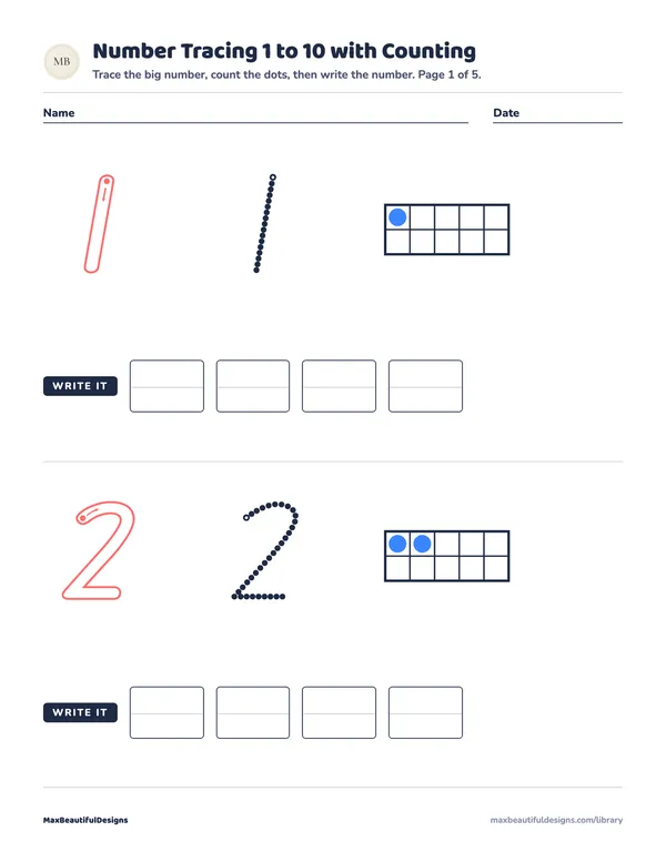 Number Tracing 1 to 10 with Counting Printable, page 1 preview