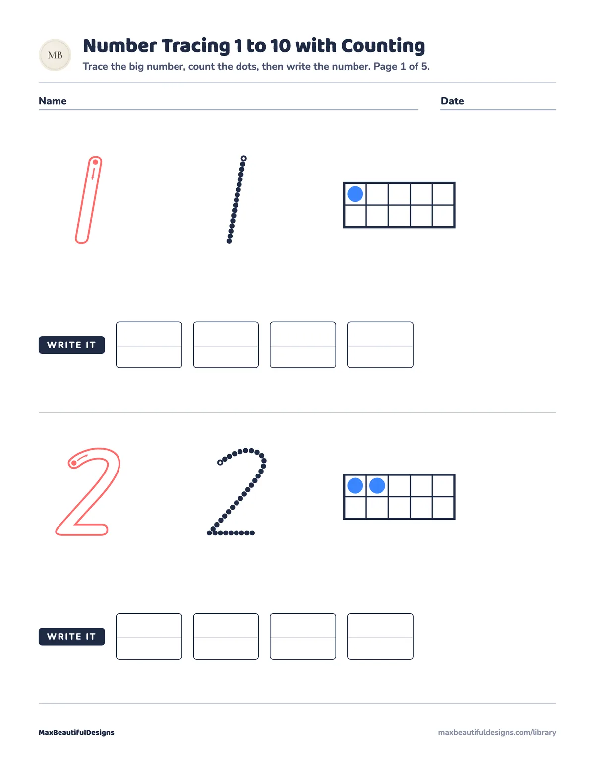 Preview of page 1 of Number Tracing 1 to 10 with Counting Printable
