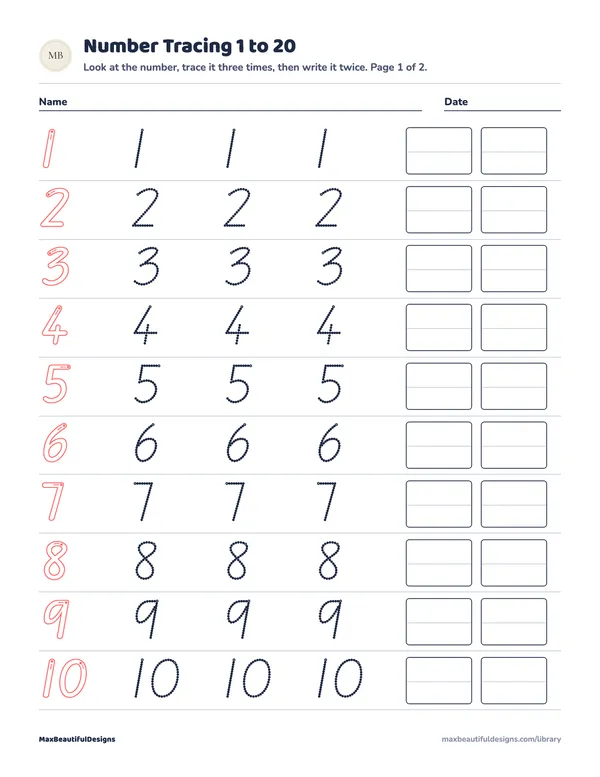 Number Tracing 1 to 20 Printable, page 1 preview