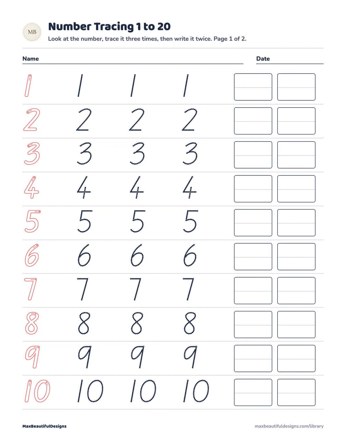 Preview of page 1 of Number Tracing 1 to 20 Printable