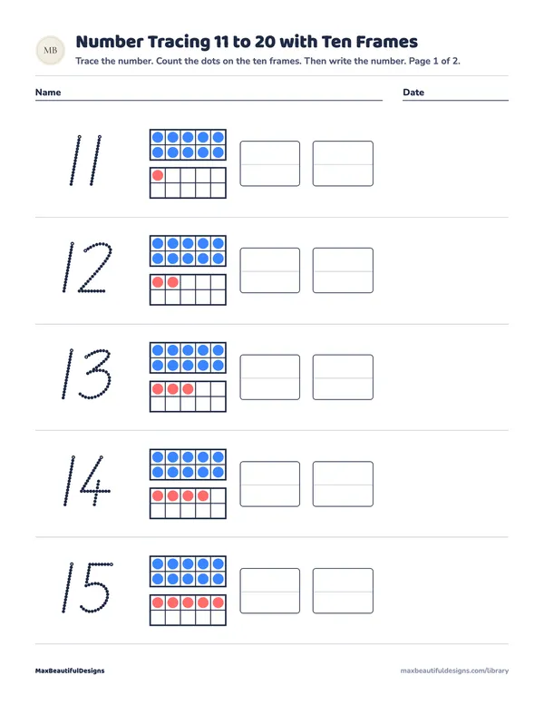 Number Tracing 11 to 20 with Ten Frames, page 1 preview