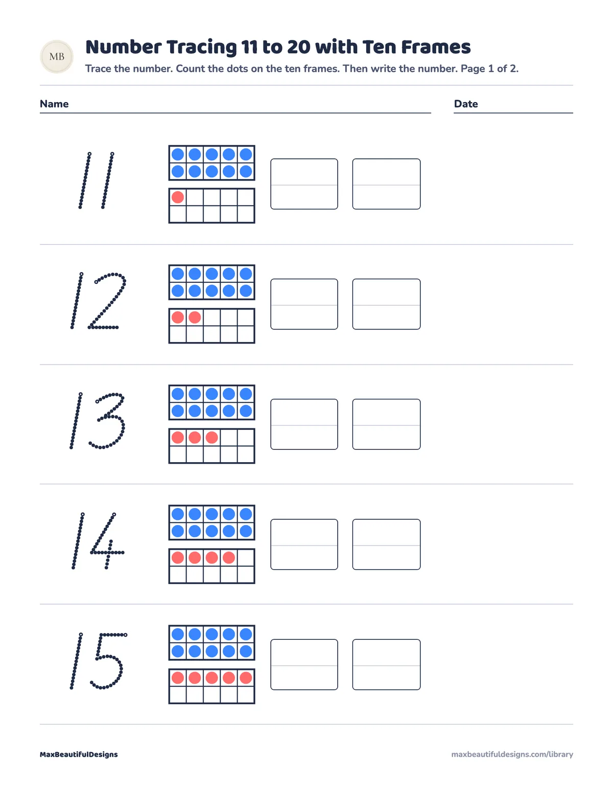 Preview of page 1 of Number Tracing 11 to 20 with Ten Frames