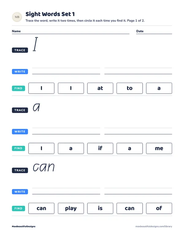 Sight Words Printable for Preschool Set 1, page 1 preview