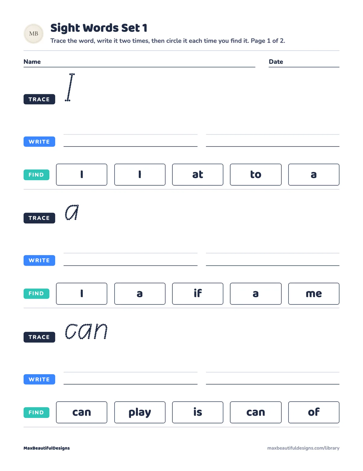 Preview of page 1 of Sight Words Printable for Preschool Set 1
