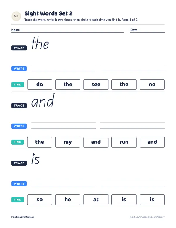 Sight Words Printable for Preschool Set 2, page 1 preview