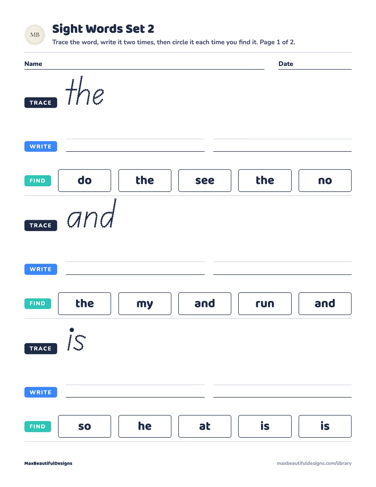 Preview of page 1 of Sight Words Printable for Preschool Set 2