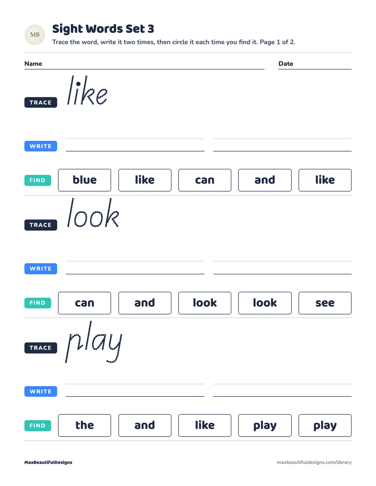 Preview of page 1 of Sight Words Printable for Kindergarten Set 3