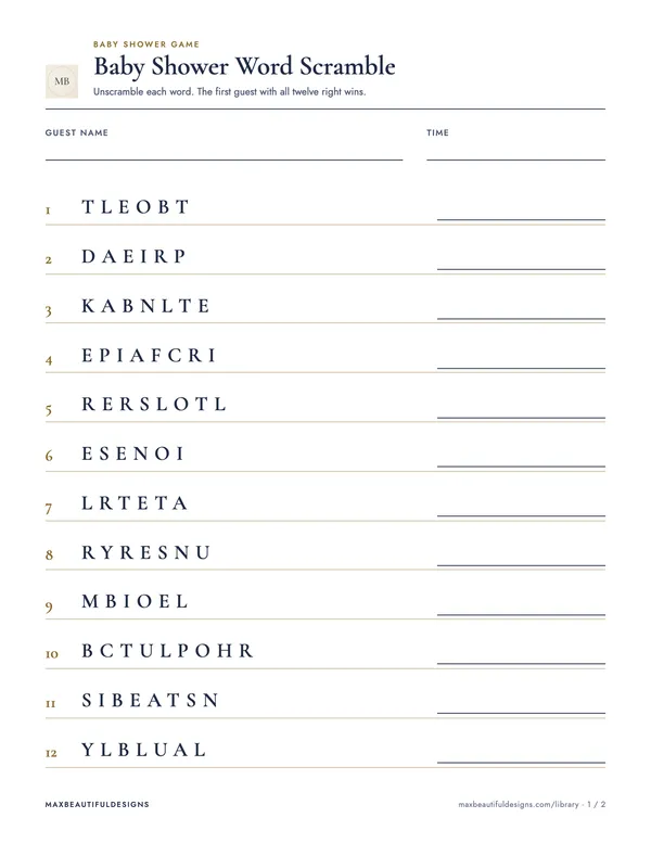 Baby Shower Word Scramble Printable, page 1 preview