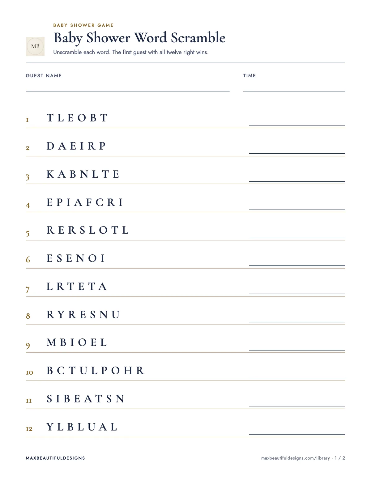 Preview of page 1 of Baby Shower Word Scramble Printable