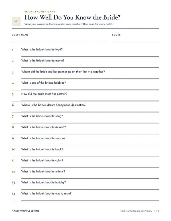 Bridal Shower Game Printable, page 1 preview