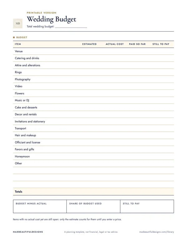 Wedding Budget Spreadsheet, page 1 preview