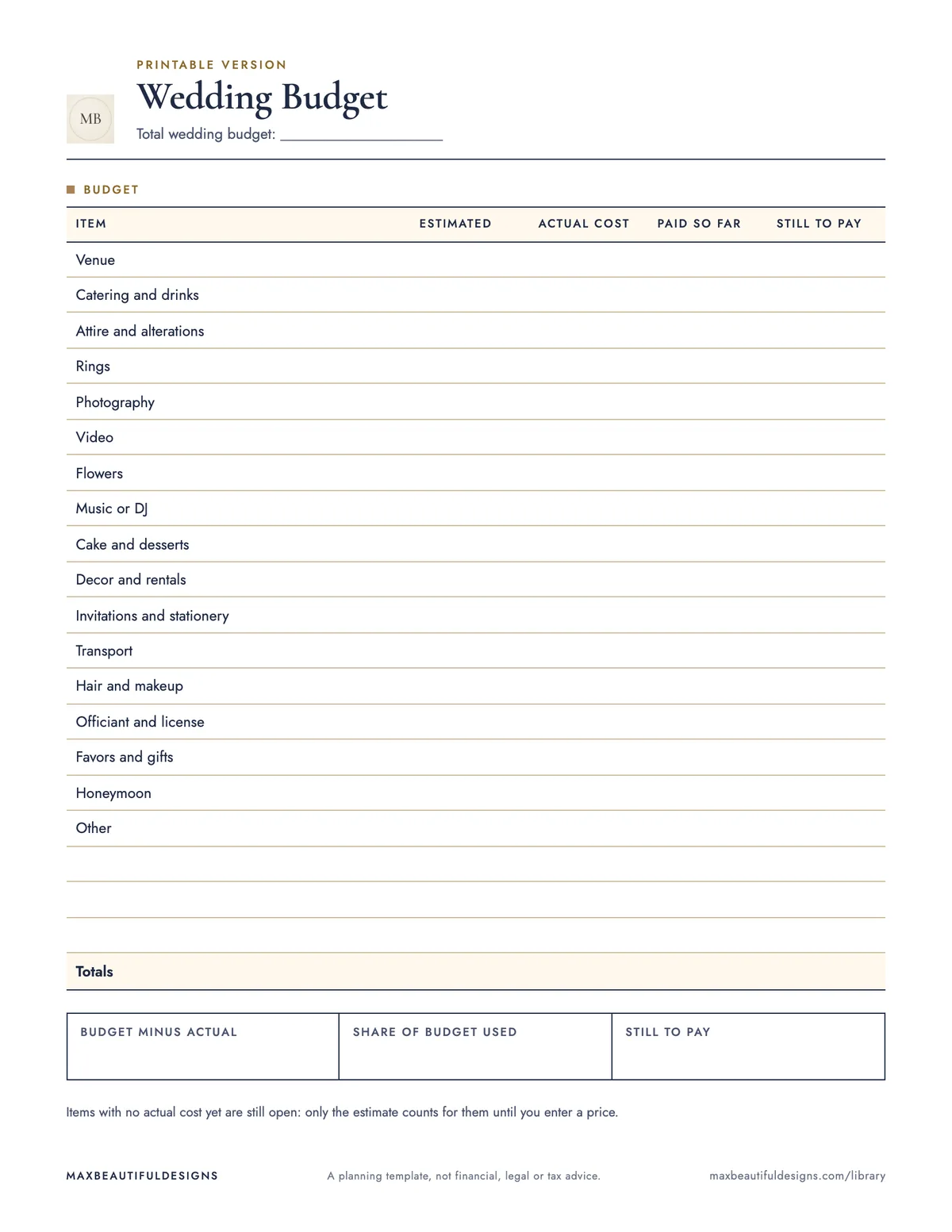 Preview of page 1 of the print version of Wedding Budget Spreadsheet