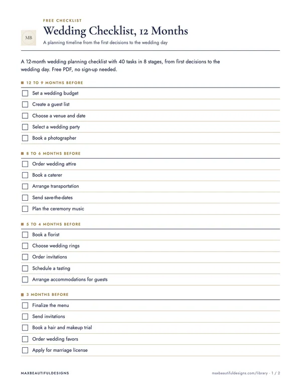 Wedding Checklist Printable for 12 Months, page 1 preview