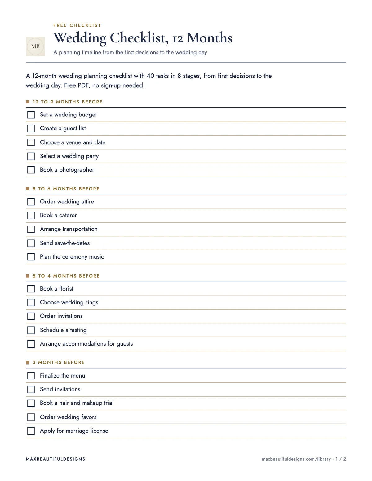 Preview of page 1 of Wedding Checklist Printable for 12 Months