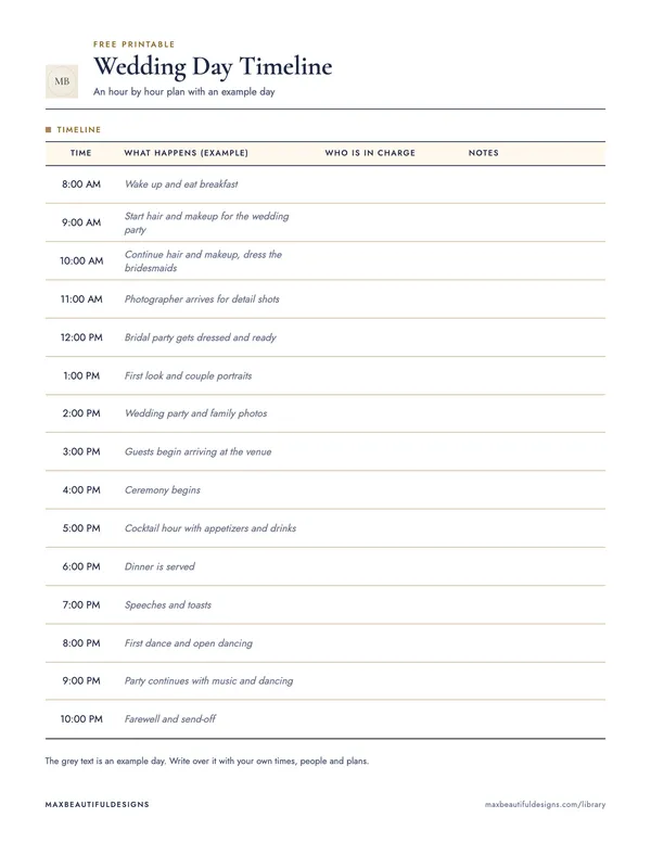 Wedding Day Timeline Template, page 1 preview