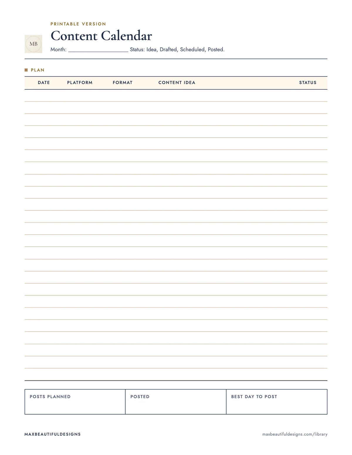 Preview of page 1 of the print version of Content Calendar Spreadsheet