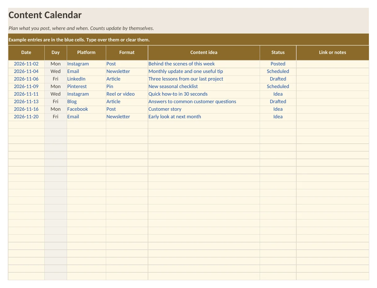 Screenshot of the Content Calendar Spreadsheet workbook, first sheet