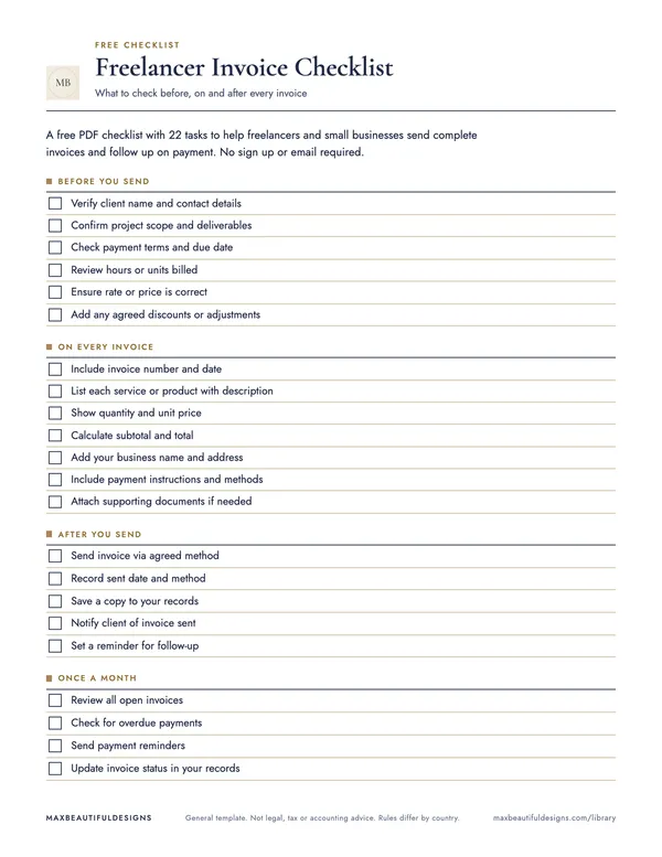 Freelancer Invoice Checklist, page 1 preview