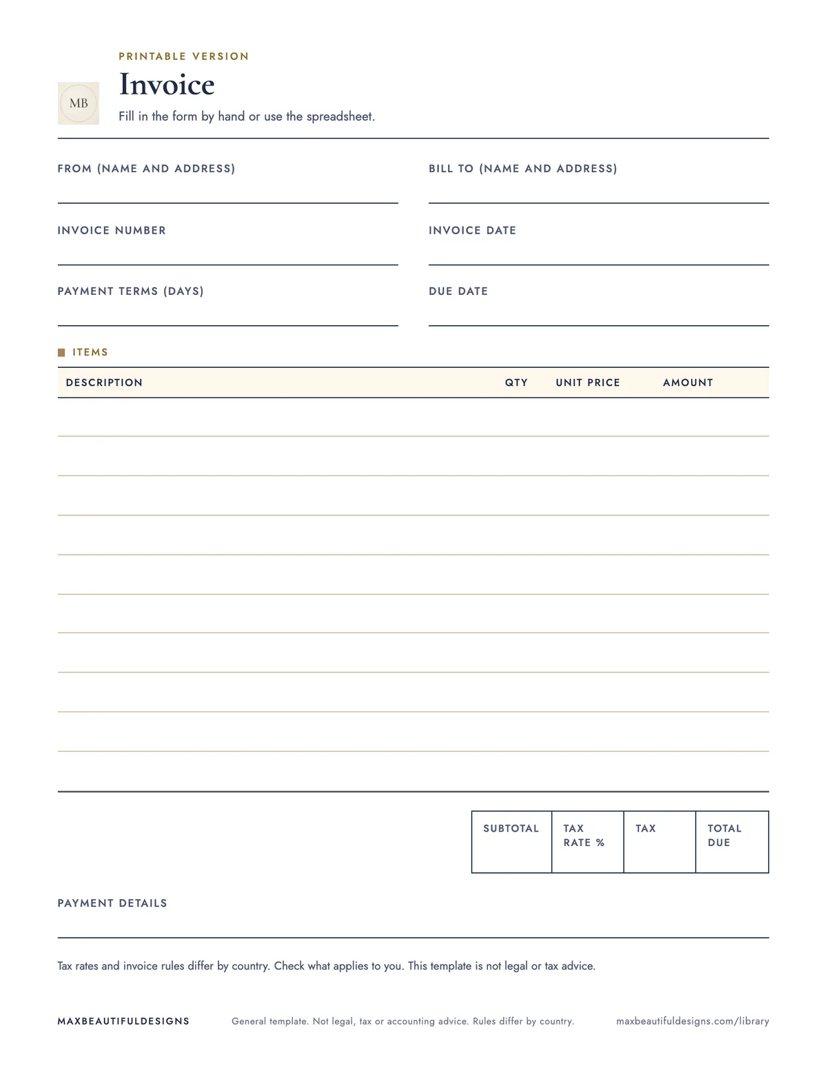 Preview of page 1 of the print version of Invoice Template for Excel