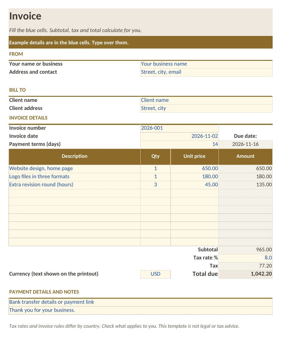 Screenshot of the Invoice Template for Excel workbook, first sheet