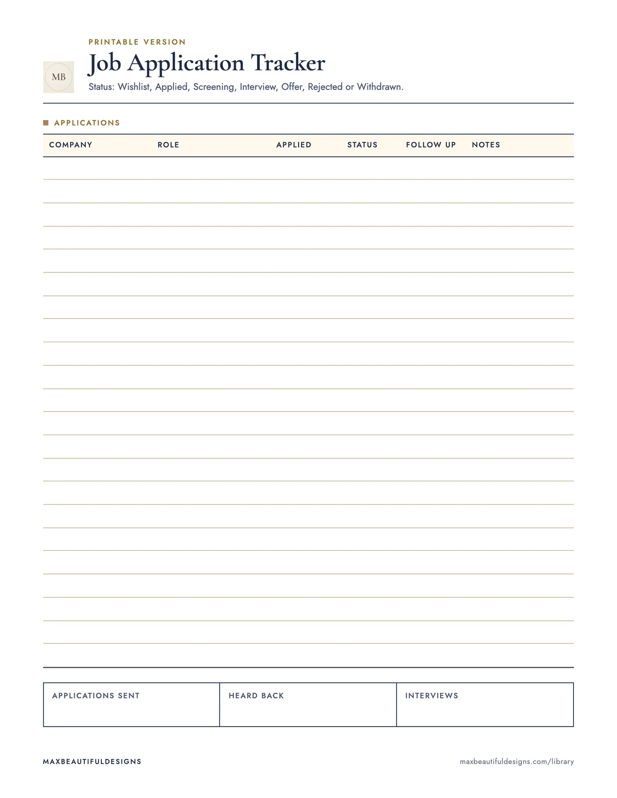 Preview of page 1 of the print version of Job Application Tracker Spreadsheet