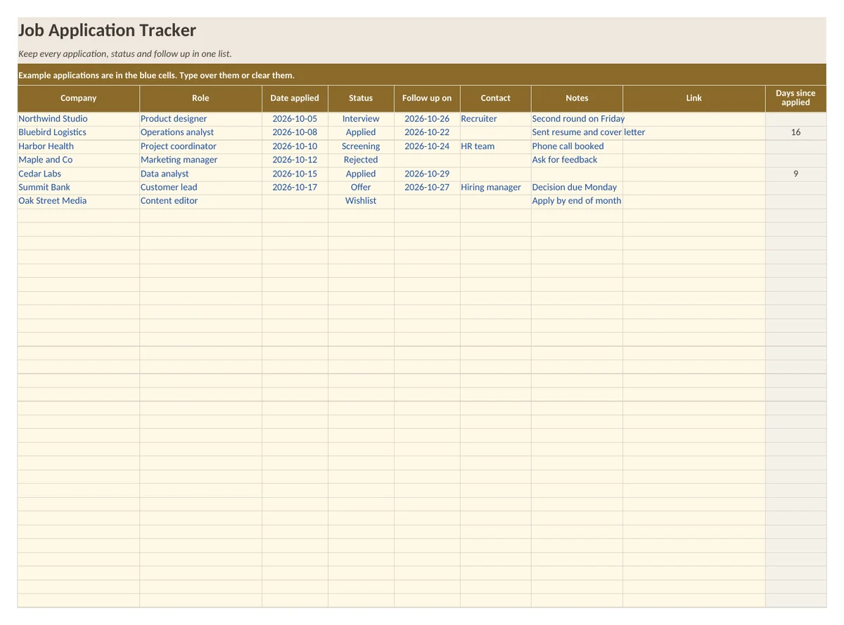 Screenshot of the Job Application Tracker Spreadsheet workbook, first sheet