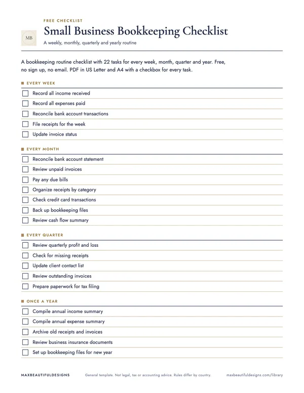 Small Business Bookkeeping Checklist, page 1 preview