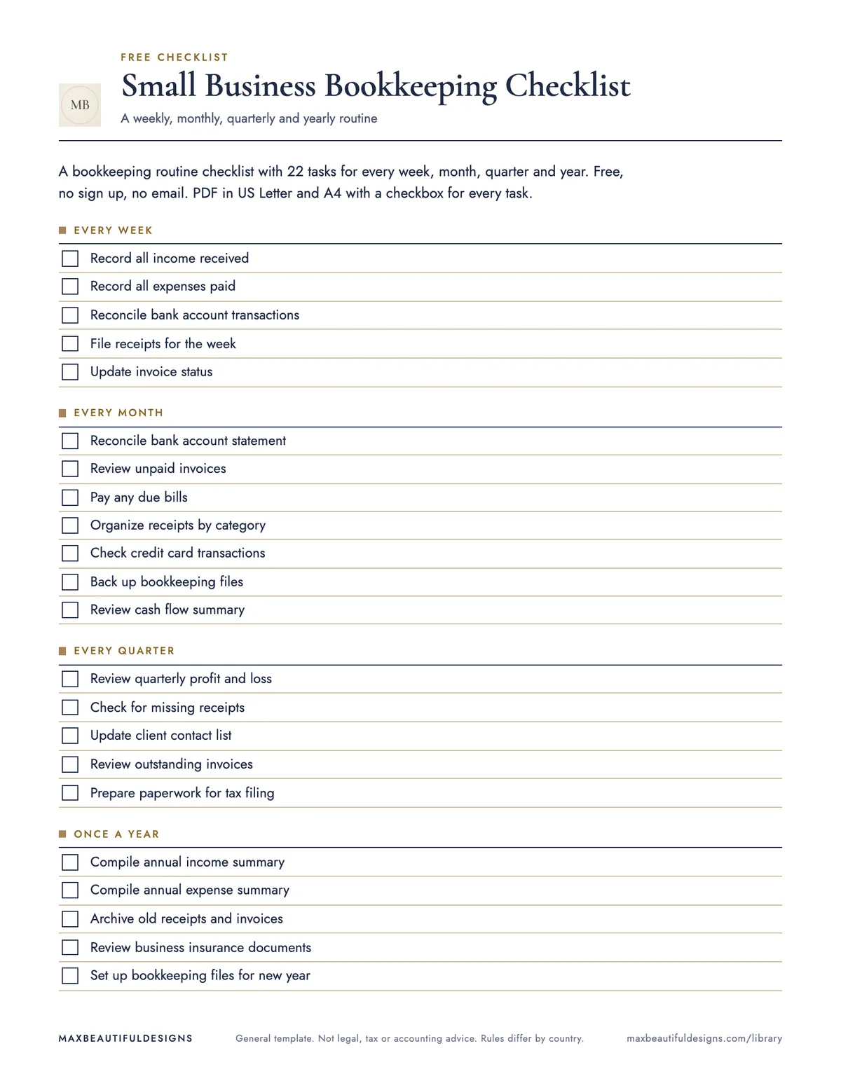 Preview of page 1 of Small Business Bookkeeping Checklist